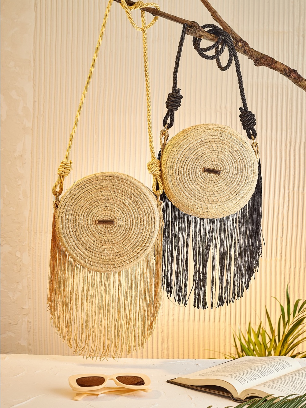 Boho Round Fringe Straw Crossbody Bag - Natural